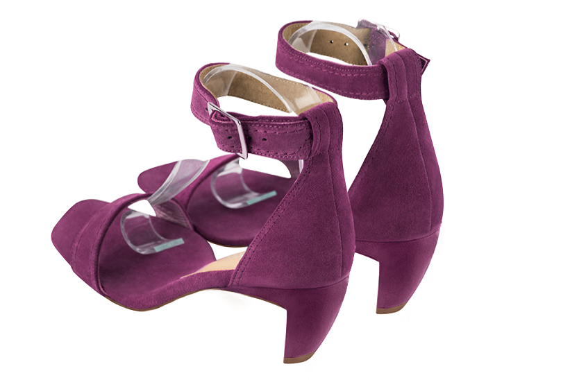 Mulberry purple women's closed back sandals, with a strap around the ankle. Square toe. Medium comma heels. Rear view - Florence KOOIJMAN